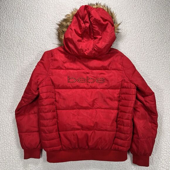 Bebe Red Puffer Jacket Women’s XL Faux Fur Hood Y2K Glam Streetwear Winter Coat - Picture 8 of 13